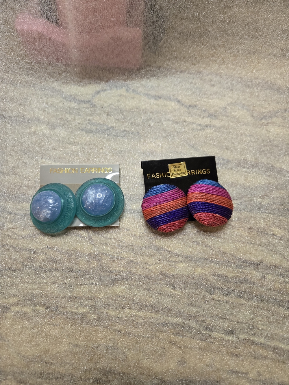 Button Stud Clip On Earrings Duo - Teal Lucite & Multicolor Wrapped Set